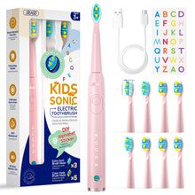 Load image into Gallery viewer, Seago electric toothbrush for children with extra soft bristles and 5 personal modes, 8 replacement heads, smart timer, rechargeable toothbrush for children (pink)