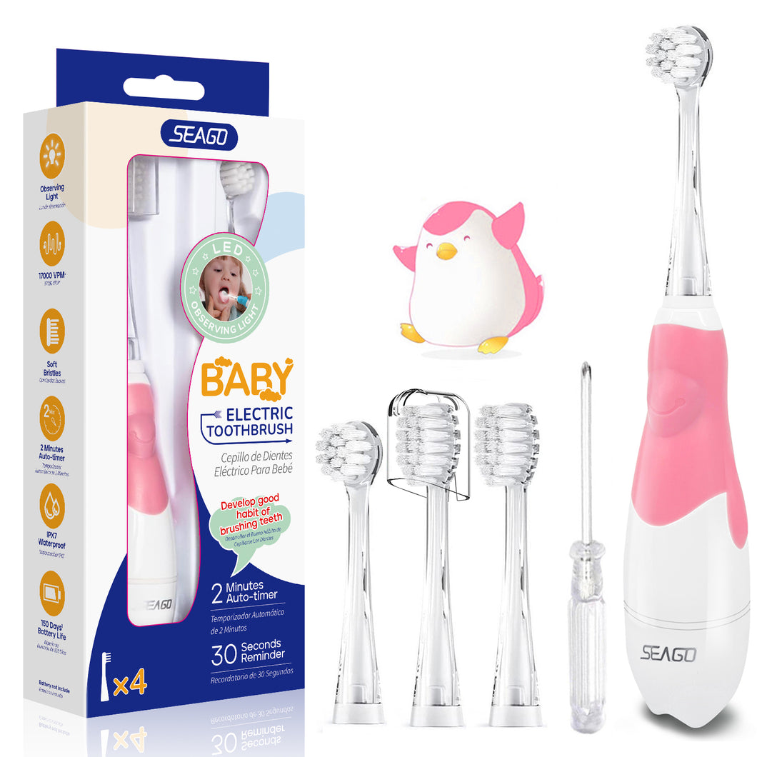 Seago SG-513 Elektrische Zahnbürste Kinder Baby Kinderzahnbürste Elektrisch ab 0-3 Jahre mit LED Licht Smart Timer Babyzahnbürste Wasserdicht IPX7 Schallzahnbürste (Baby Rosa)
