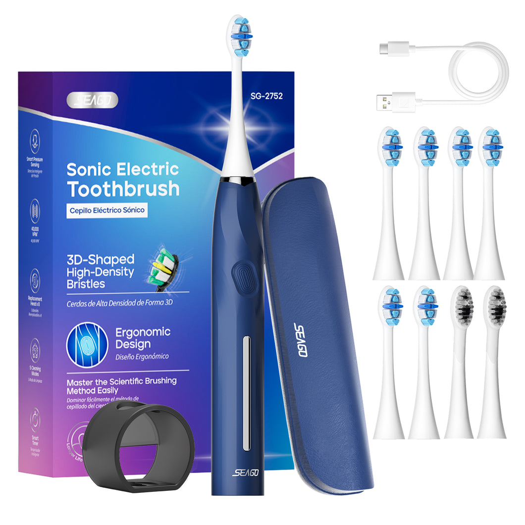 SEAGO Electric Toothbrush with 8 Soft Bristle Heads for Adults, Pressure Sensor, 5 Modes with 2 Minutes Build in Smart Timer, Rechargeable Travel Toothbrush with Brush Hold and Travel Case
