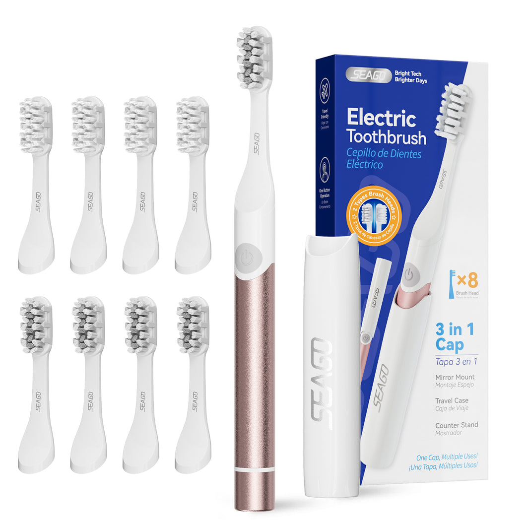 Seago Electric Toothbrush for Travel, Sonic Toothbrush, 2 Brushing Modes, 24,000 Vibrations per Minute, 8 Replacement Heads, Portable Battery Toothbrush, Electric Travel Toothbrush, SG-2102 (Black)
