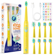 Load image into Gallery viewer, Seago electric toothbrush for children with extra soft bristles and 5 personal modes, 8 replacement heads, smart timer, rechargeable toothbrush for children (pink)
