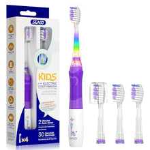 将图片加载到图库查看器，SEAGO Kids Electric Toothbrush with 2 Mins Brushing Timer and 4 Replacement Bursh Heads,Rainbow LED Light Make Brushing Fun, Pink Color Girls Battery Powerd Toothbrush for 4-12 Years Old
