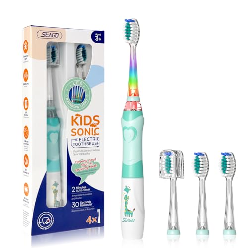 SEAGO Kids Electric Toothbrush with 2 Mins Brushing Timer and 4 Replacement Bursh Heads,Rainbow LED Light Make Brushing Fun, Pink Color Girls Battery Powerd Toothbrush for 4-12 Years Old