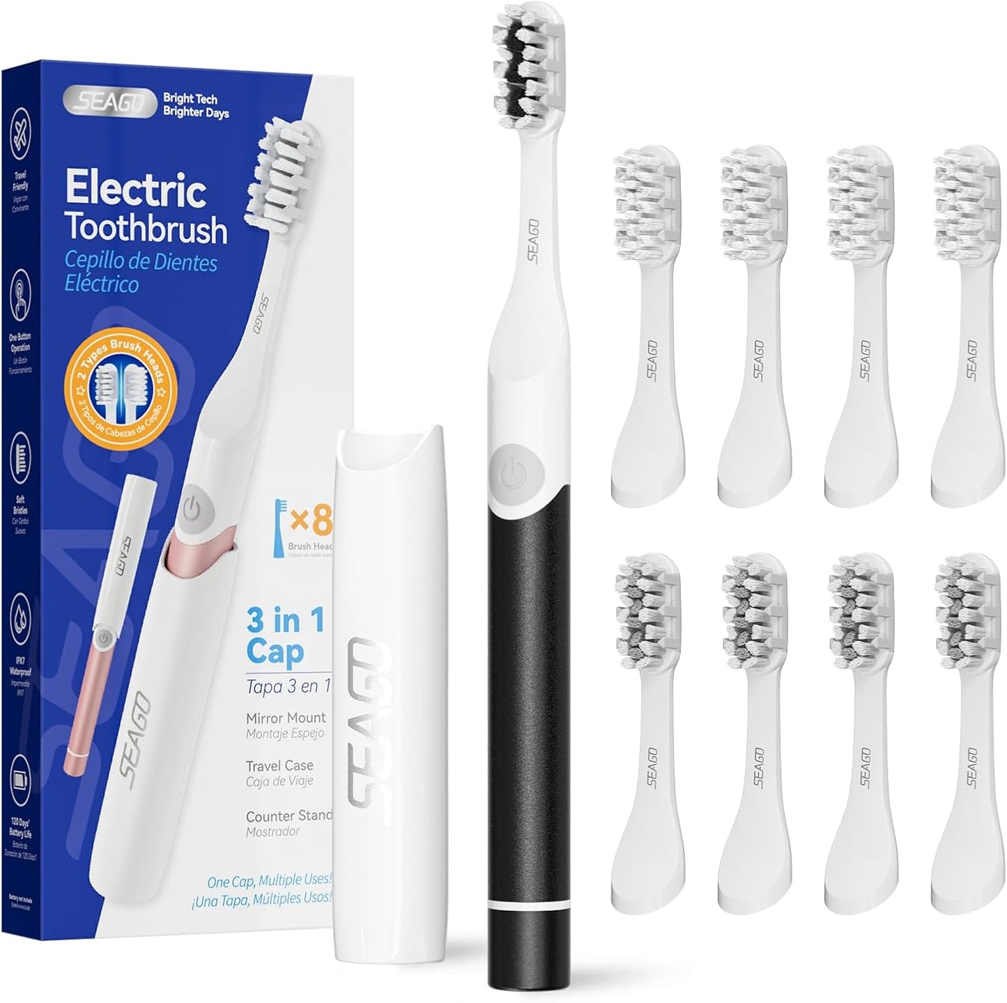 Seago Elektrische Zahnbürste für Reise, Schallzahnbürste, 2 Putzmodi, 24000 Vibrationen pro Minute, 8 Ersatzköpfe, Tragbare Batterie Zahnbürste, Elektrische Reisezahnbürste, SG-2102 (Schwarz)