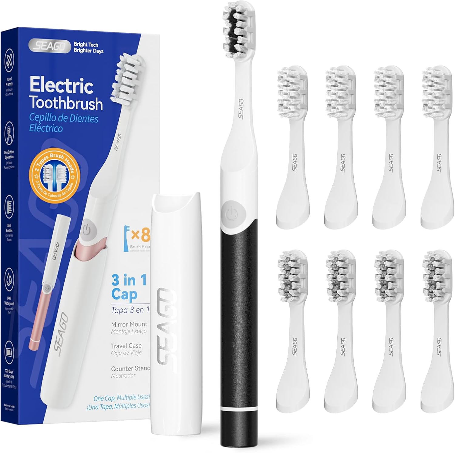 Seago Elektrische Zahnbürste für Reise, Schallzahnbürste, 2 Putzmodi, 24000 Vibrationen pro Minute, 8 Ersatzköpfe, Tragbare Batterie Zahnbürste, Elektrische Reisezahnbürste, SG-2102 (Schwarz)