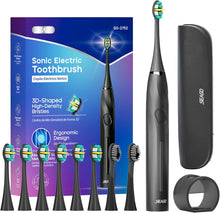 将图片加载到图库查看器，SEAGO Electric Toothbrush with 8 Soft Bristle Heads for Adults, Pressure Sensor, 5 Modes with 2 Minutes Build in Smart Timer, Rechargeable Travel Toothbrush with Brush Hold and Travel Case(Black)
