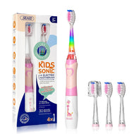 SEAGO Kids Electric Toothbrush with 2 Mins Brushing Timer and 4 Replacement Bursh Heads,Rainbow LED Light Make Brushing Fun, Pink Color Girls Battery Powerd Toothbrush for 4-12 Years Old