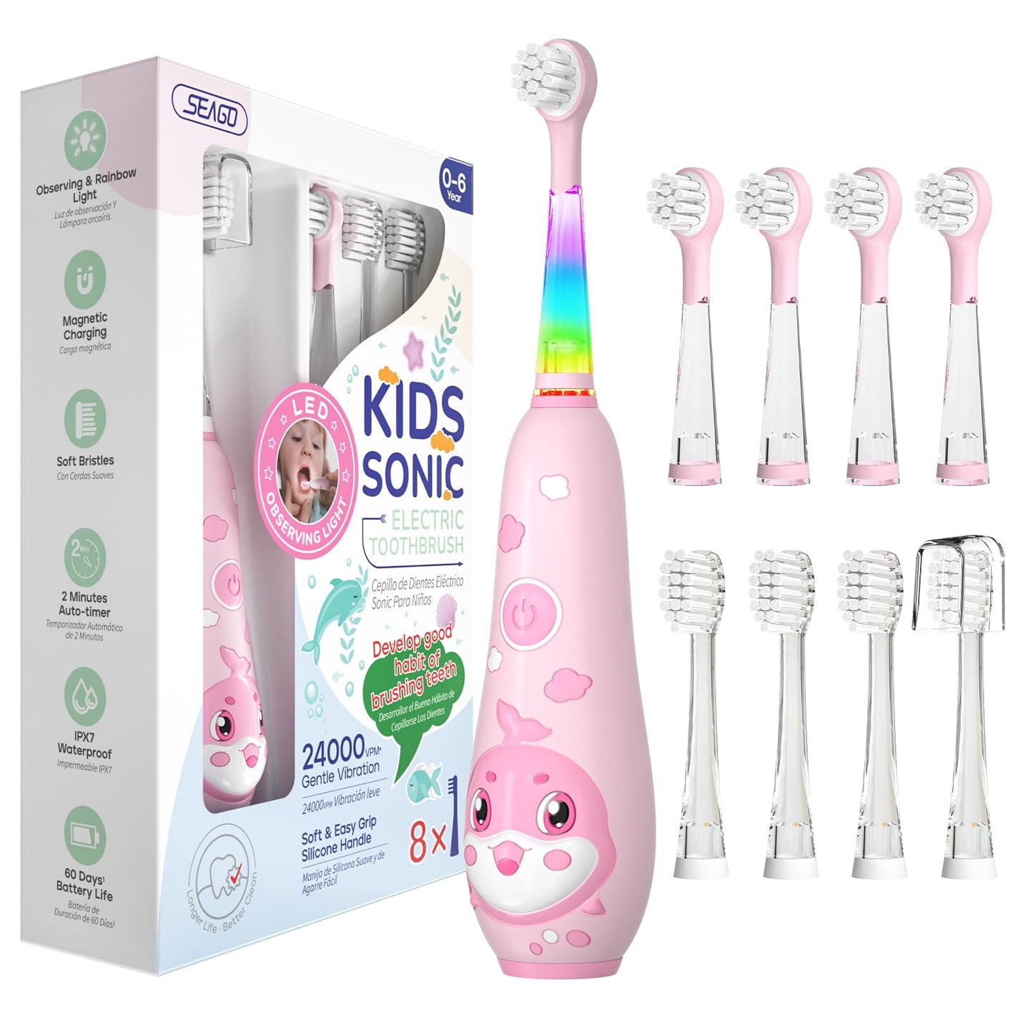 SEAGO Kids Electric Toothbrushes Rechargeable, Toddler Electric Toothbrush with Magnetic Charging, LED Observing Light, 8 Toothbrush Heads for Ages 2-4 -6 Boys Girls (Blue)