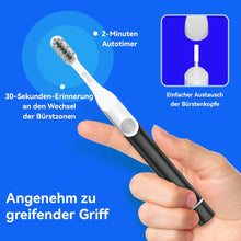 Load image into Gallery viewer, Seago Elektrische Zahnbürste für Reise, Schallzahnbürste, 2 Putzmodi, 24000 Vibrationen pro Minute, 8 Ersatzköpfe, Tragbare Batterie Zahnbürste, Elektrische Reisezahnbürste, SG-2102 (Schwarz)
